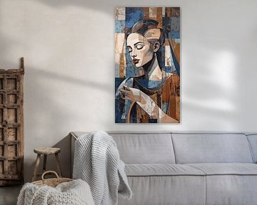 Portrait expressif d'une femme - orange, brun rougeâtre, beige et taupe - couleurs terreuses - yeux fermés