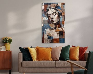 Portrait expressif d'une femme - orange, brun rougeâtre, beige et taupe - couleurs terreuses - méditation