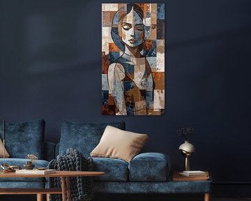 Portrait expressif d'une femme - orange, brun rougeâtre, beige et taupe - couleurs terreuses - tranquillité