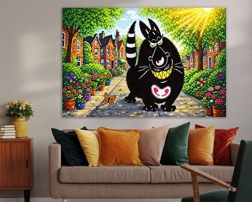 Cartoon cat in a colourful street by Linda de Klein