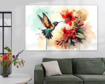 Tanz der Kolibris und karminroten Blumen von Chromatic Fusion Studio