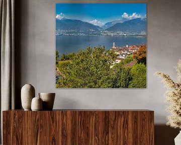 View of Gambarogno on Lake Maggiore and the north shore with Ascona and Locarno, Gambarogno, Tessin