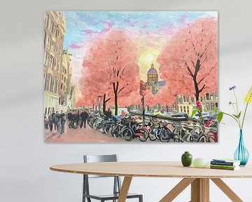 Amsterdam bei Sonnenuntergang - Rosa Himmel, Grachten und Fahrräder von Thea