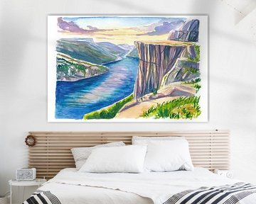 Preikestolen-Klippe oberhalb des Lysefjords bei goldenem Nordlicht