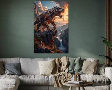 TERRAVYRX: Ein Dinosaurier steht brüllend auf einer Klippe über dem Tal von INFERAURUM