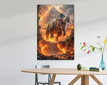 XALTAREX: Ein Dinosaurier Tyrannosaurus Rex vor einer Maya Pyramide im brennenden Dschungel von INFERAURUM