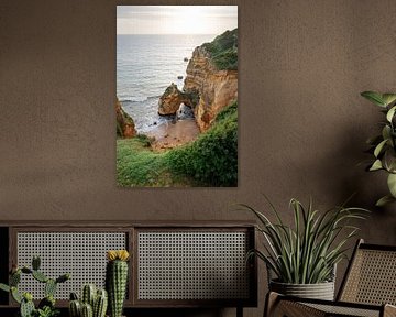 Green cliffs and hidden beach at sunrise, Ponta da Piedade - Lagos, Algarve by Linsy Steijvers