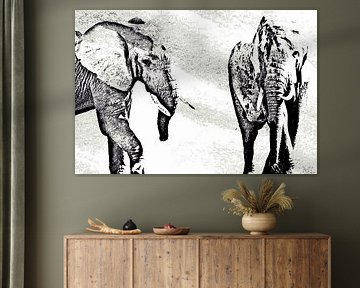 zwei Elefanten an einem Wasserloch mixed media von Werner Lehmann