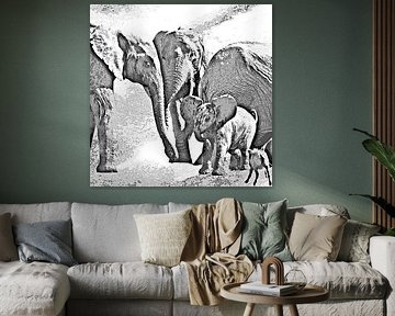 Elephants at a waterhole monochrome mixed media by Werner Lehmann