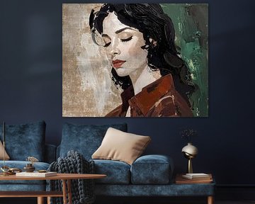 triptyque - 1 de 3 - portrait femme aux cheveux noirs - rouille brun vert et beige