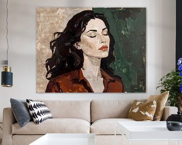 triptyque - 2 de 3 - portrait femme aux cheveux noirs - rouille brun vert et beige