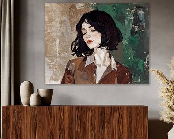 triptyque - 3 de 3 - portrait femme aux cheveux noirs - rouille brun vert et beige