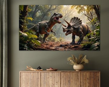 CONFRONTEX: Die Dinosaurier Tyrannosaurus Rex und Triceratops treffen im Dschungel aufeinander von INFERAURUM