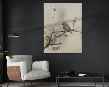 Vogel auf Blütenzweig in ruhigem Malstil