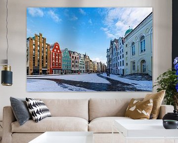 Blick auf die Kröpeliner Straße mit Giebelhäuser im Winter in
