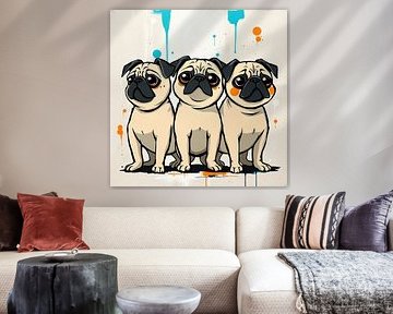 Three cheeky pugs - urban art cartoon with character by Wandbilder-Shop