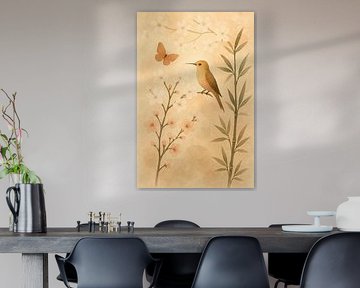 Colibri et papillon sur une fleur de cerisier