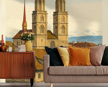 Zürich - torens, rivier en verre bergtoppen