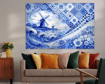 Delfter Blau Horizont mit Windmühle und Wellen von BS