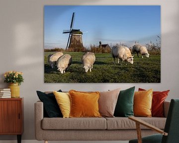 Sheep on the dike near polder mill Nieuw Leven in Wogmeer by Bram Lubbers