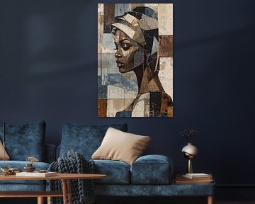 Abstract Vrouwenportret in Goudbruin en Blauw – Modern Kubistisch Kunstwerk op Canvas