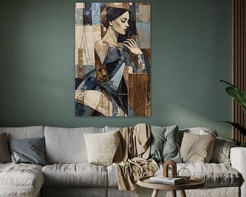 Abstract Vrouwelijk Figuur in Goudbruin, Beige en Blauw – Modern Kunstwerk met Textuur