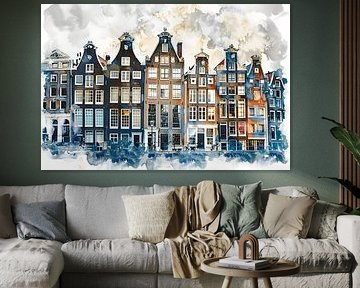 Amsterdamse Grachtenpanden in Mixed Media Fotografie en Waterverf van Roger VDB