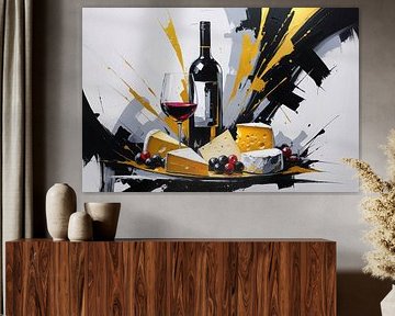 Wine bottle, glass, cheese and grapes by Art & Soul Creations