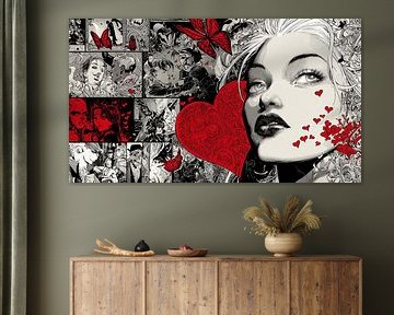 Crimson Manga Heart | Schwarze und weiße Collage mit roten Liebesakzenten von Karina Brouwer