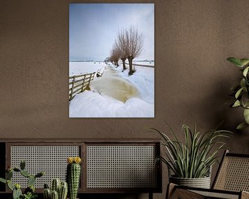 Sneeuw bedekt het polderlandschap bij Noordeloos in de winter