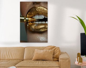 A feminine mouth with golden lipstick