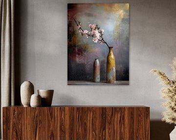 Hotel Chic Still Life with Blossom Branch in Golden Vase