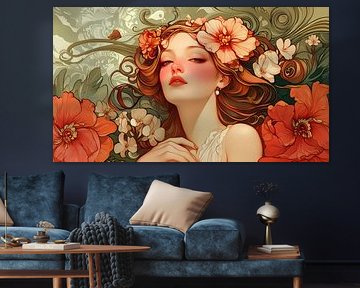 Elegant woman in flower garden style Alphonse Mucha