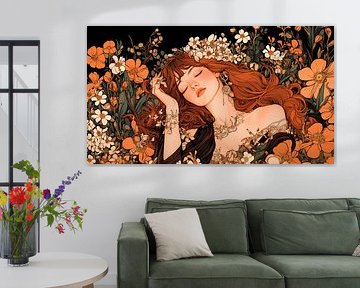 Elegant woman in flower garden style Alphonse Mucha