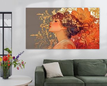 Elegant woman in flower garden style Alphonse Mucha