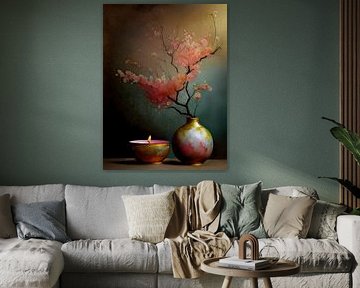 Still Life with Pink Cherry Blossom and Warm Candlelight on Linen