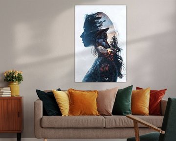 Woman with wolf on her head in the forest by MNS Designs