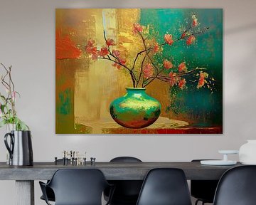 Unique painterly still life in warm gold and green colours