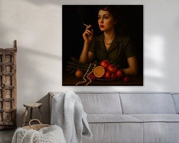 Crimson Contemplation - woman with still life in old masters style by Kleurenrijk