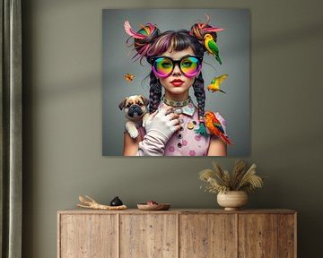 Colorful Dreamer - surreales Porträt mit Vögeln und Welpe von Kleurenrijk