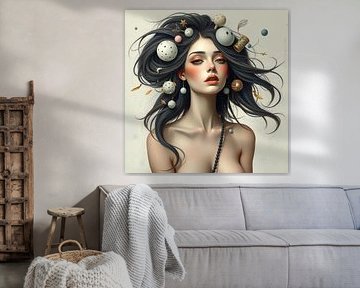 Cosmic Muse - surreales Frauenporträt mit verträumten Elementen von Kleurenrijk