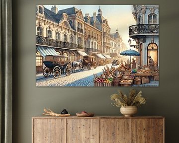 Belle-Époque-Markt - Straßenszene mit Kutschen und Bäckereistand von Kleurenrijk