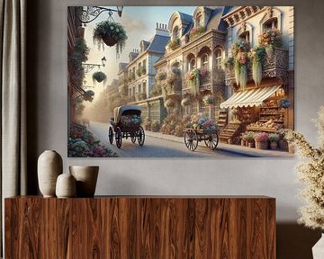 Paris en Fleurs - romantische Pariser Straße mit Blumen und Kutsche von Kleurenrijk