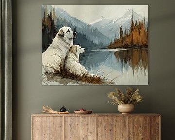 Two Pyrenean Mountain Dogs at Lake in the Mountains by Karina Brouwer