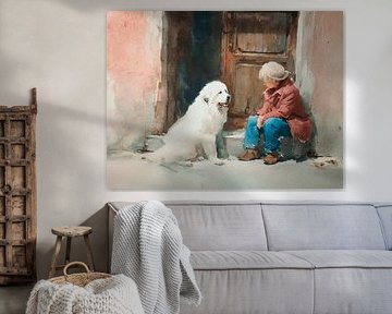 Frau und Pyrenäenberghund vor der Tür von Karina Brouwer