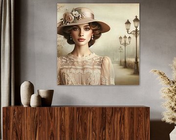 Parisian Grace - romantic portrait with hat and street lamps