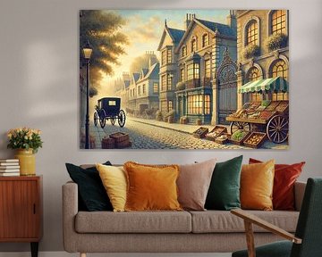 Golden Market Street - 19th century street with carriage and market stalls