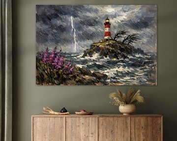 Lighthouse during storm by Linda de Klein