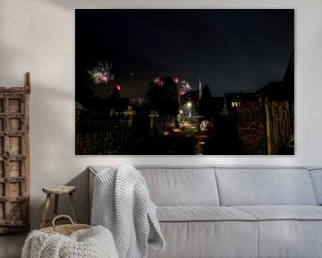 Lange belichting van vuurwerk boven Hamburg