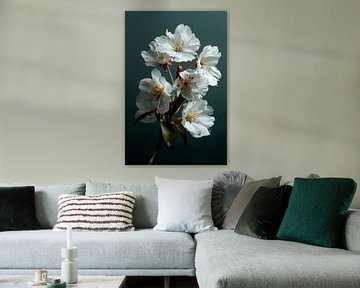 White blossom on dark green background by StudioMaria.nl